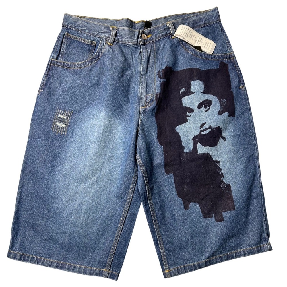 VTG Makaveli Hand Painted Tupac Shakur Denim Shorts Mens Size 40 Blue NWT‎